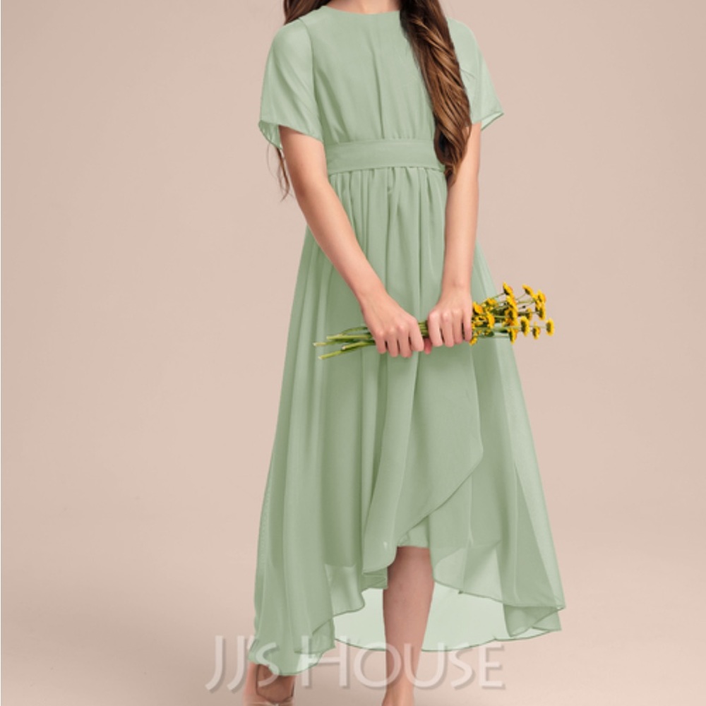 JJ’s House A-Line Scoop Neck Asymmetrical Chiffon Junior Bridesmaid Dress